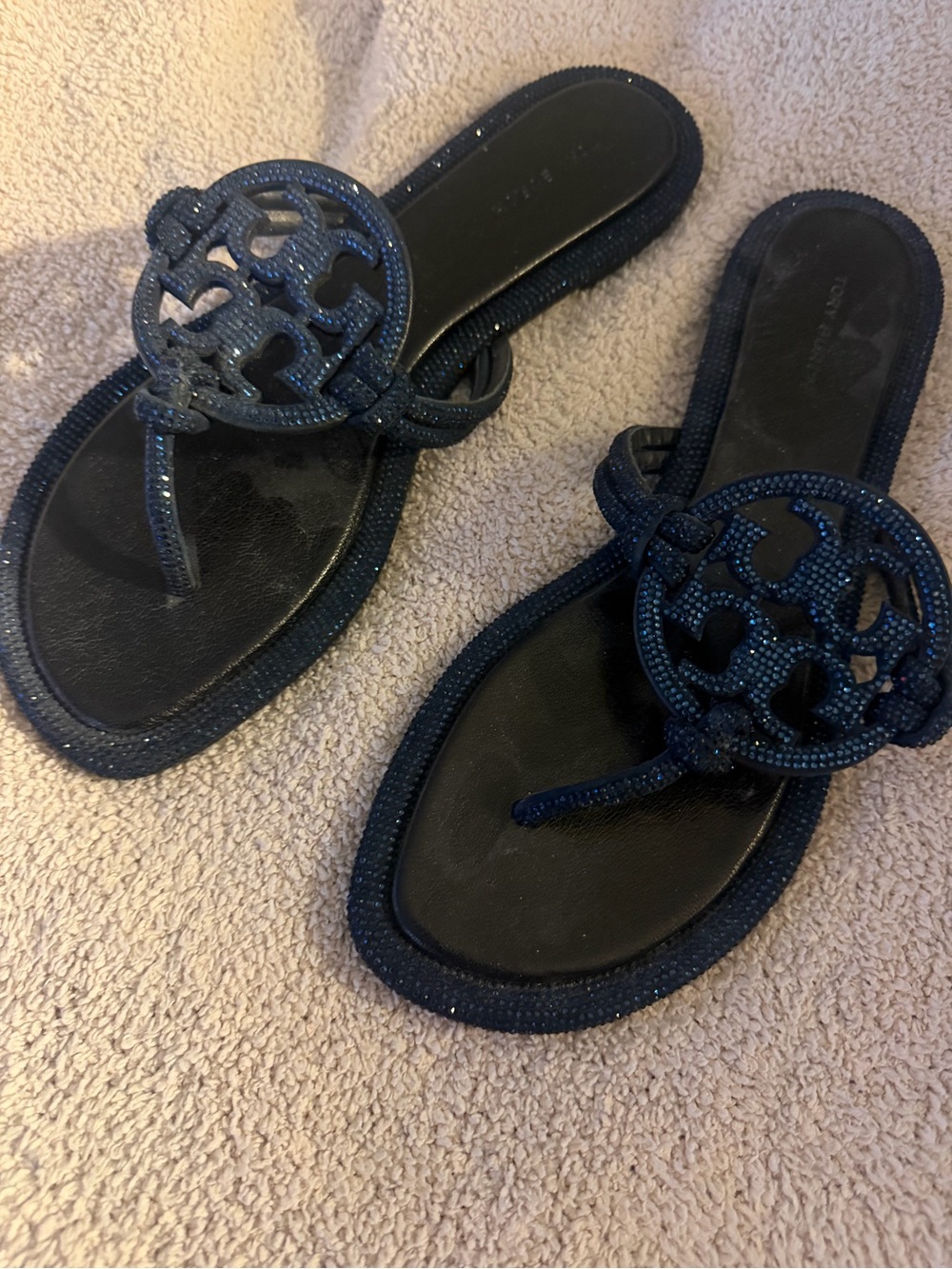 Tory Burch Navy Glitter Miller Logo Thong Sandals